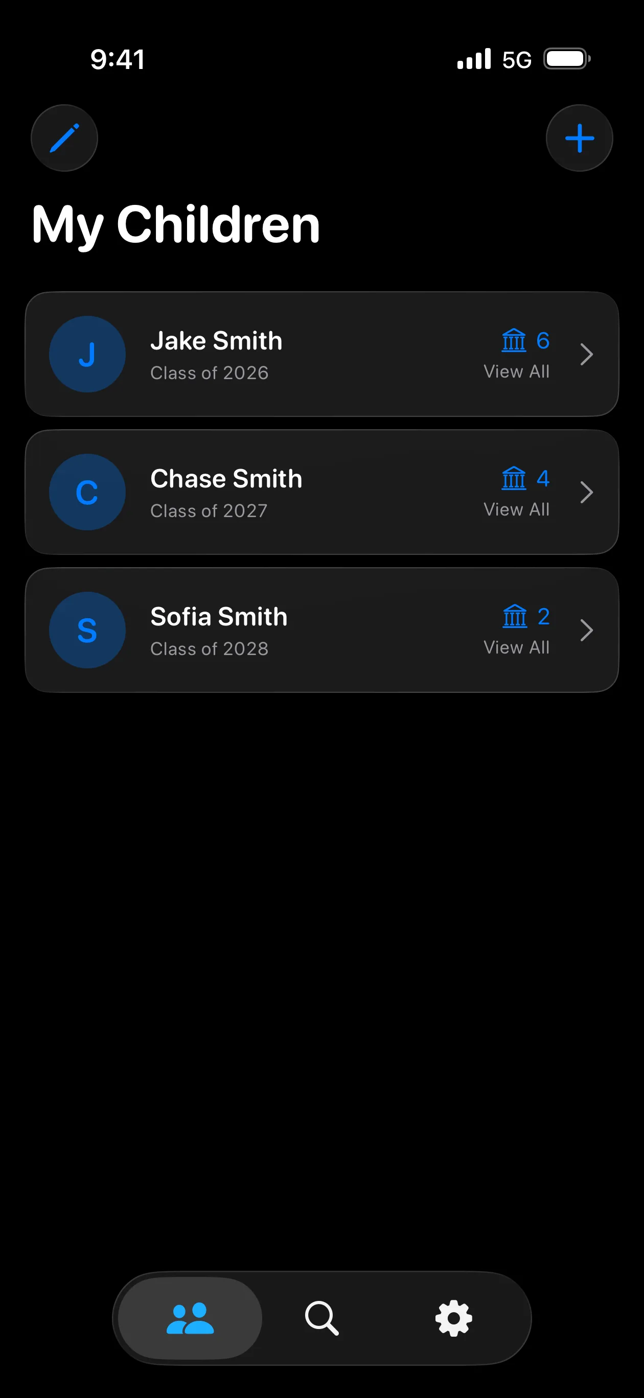 Parent View in Toured showing linked children and their college visit activity